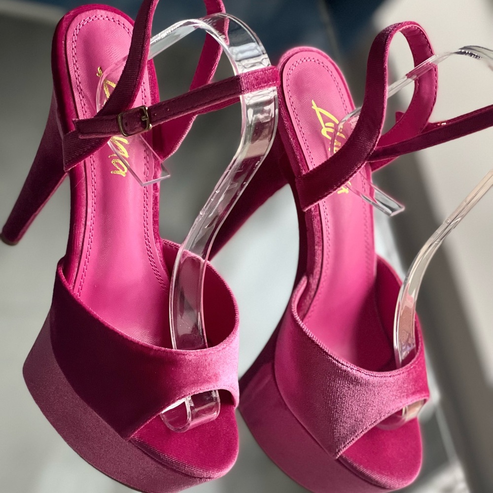 Pink velvet open toe heel